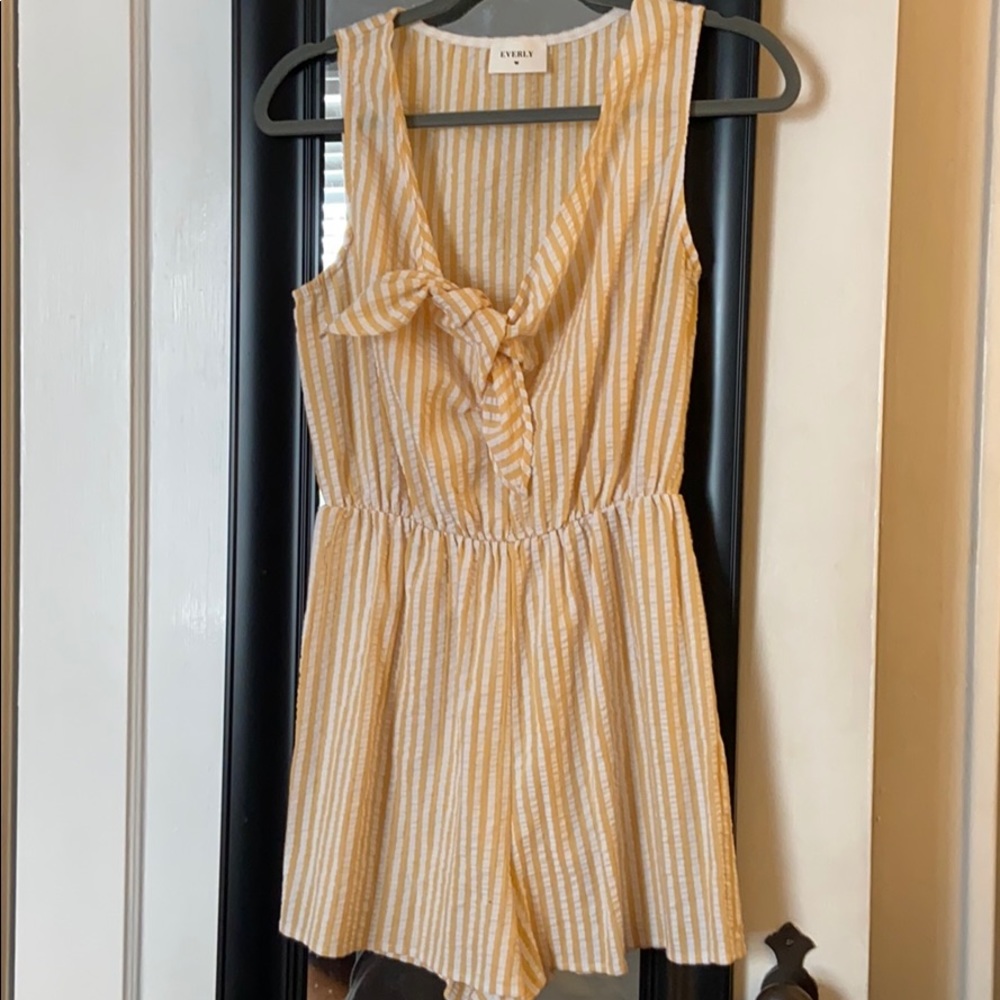 Yellow and white tie front striped romper